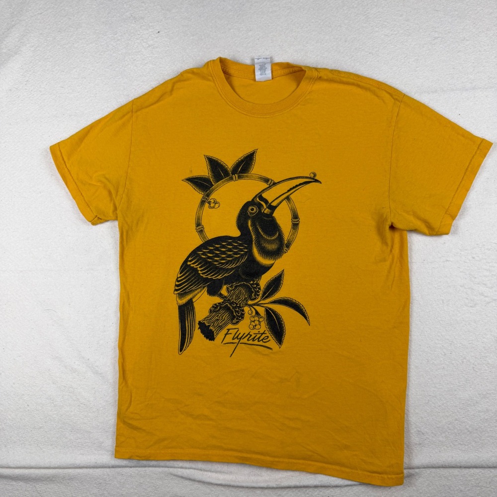 Flyrite Tattoo Toucan Graphic Tee Mustard Yellow Mens Medium Gildan Cotton Shirt